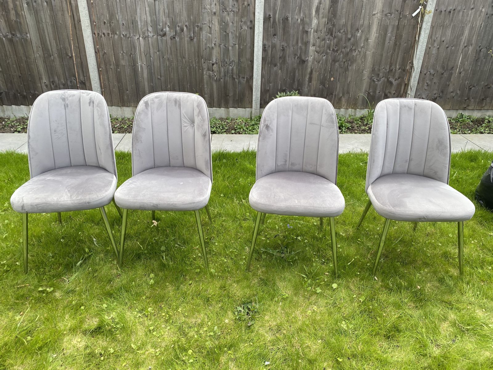 4 Grey Velvet Dining Chairs In Fairly Good Condition. Some Marks That Can Be Removed With