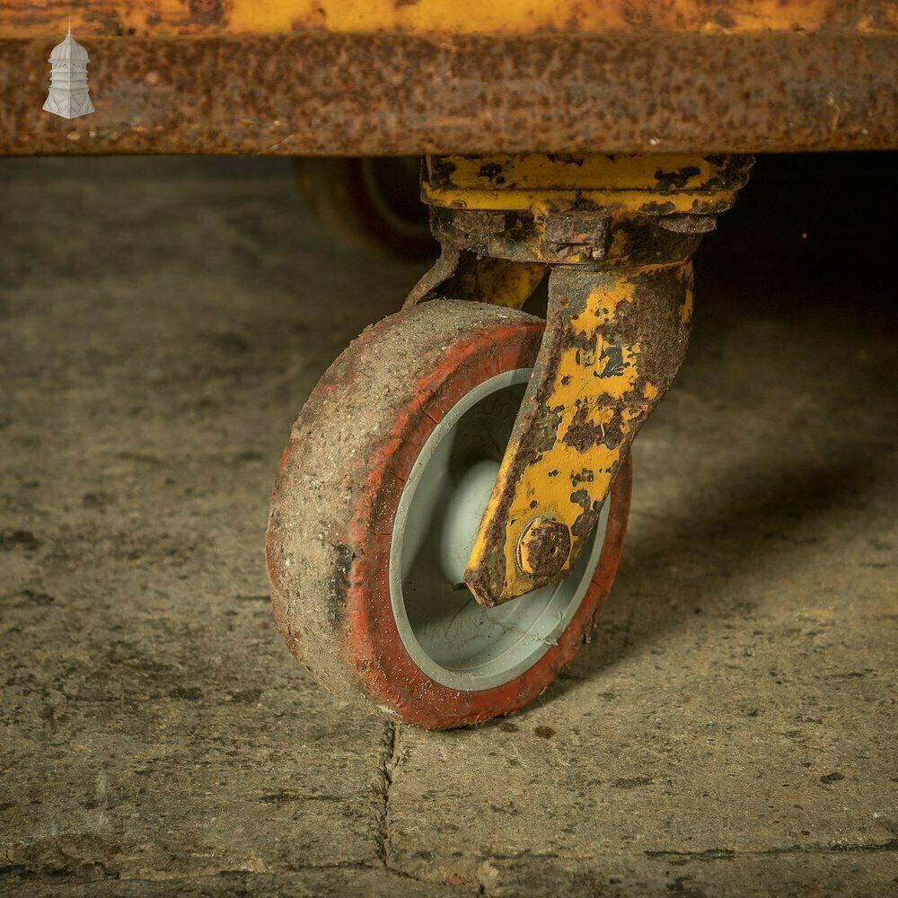 Wheeled Industrial Cart, Rusty Distressed Yellow Painted Steel, Factory Skip photo buy