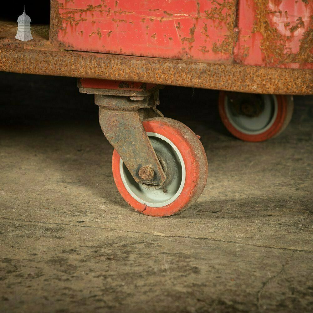 Wheeled Industrial Cart, Rusty Distressed Red Painted Steel, Factory Skip photo buy