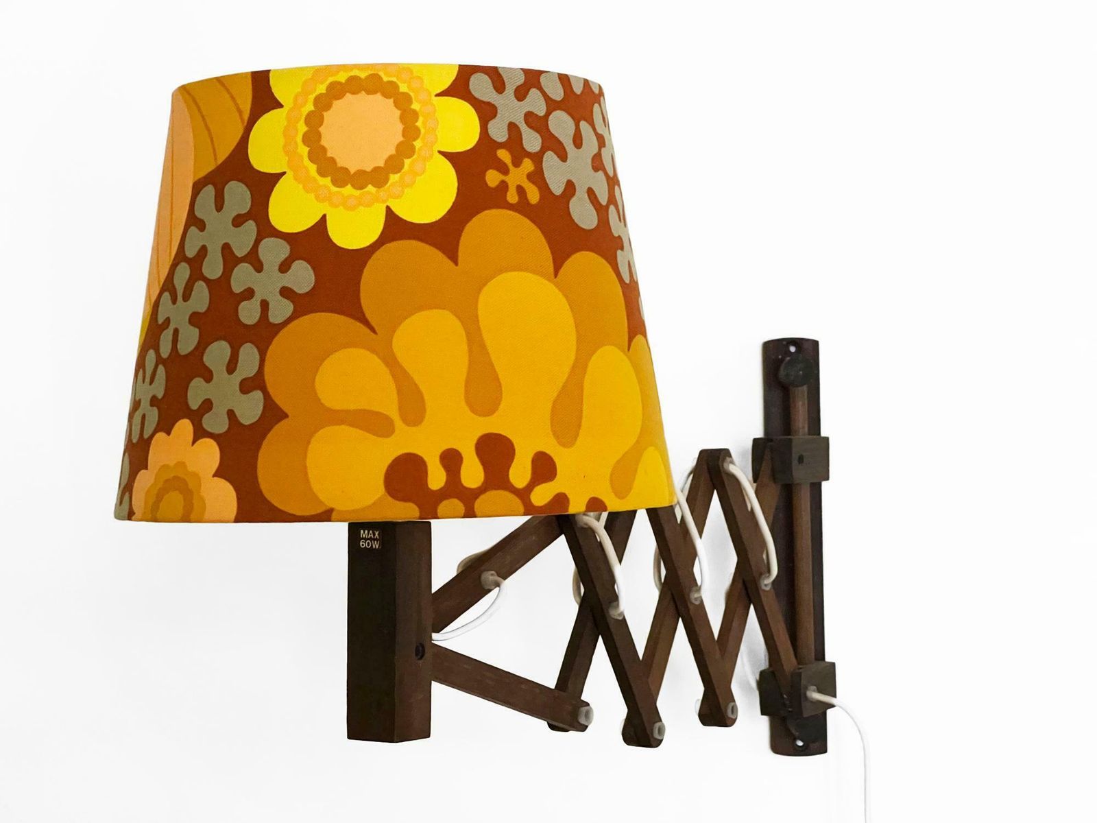 Wall Lamp/Scissor Lamp In Dyed Pine Wood From Translandia. Shade With "Folklore" Print By Göta Trädgårdh. Denmark 1960s photo furniture