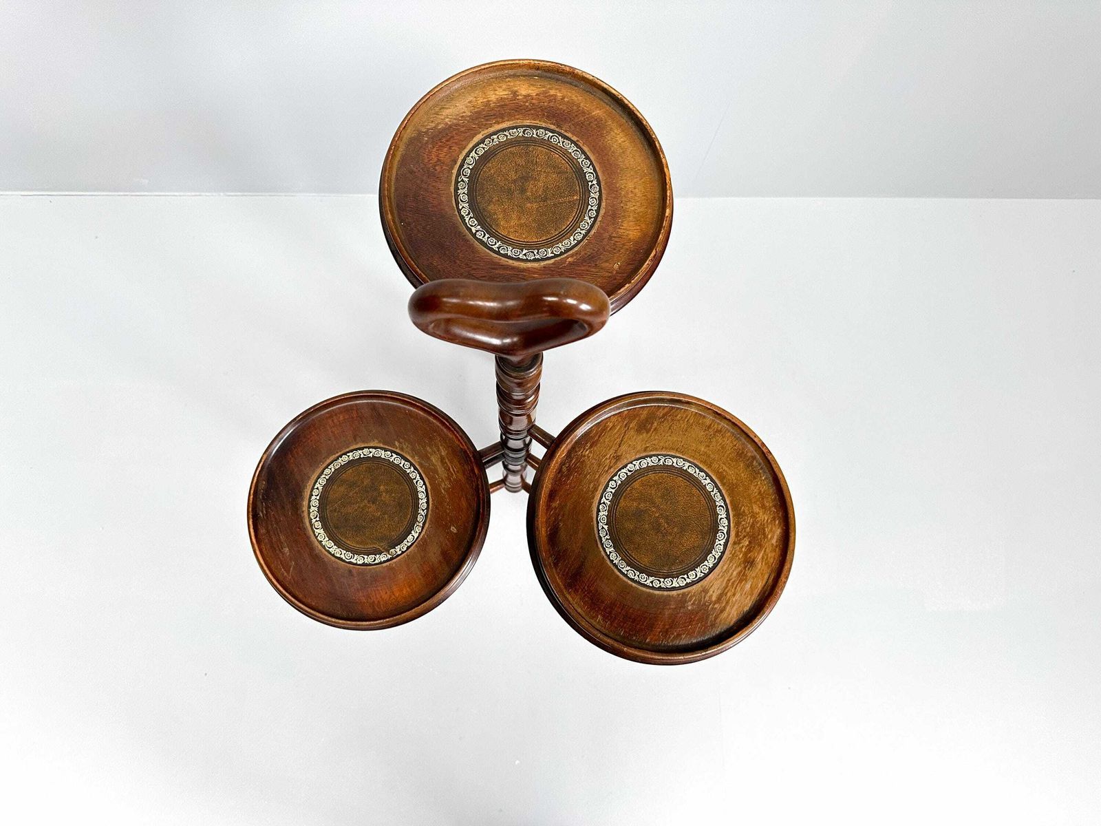 Vintage Wood And Leather Three Tier Cake Stand | Plant Stand photo vinterior