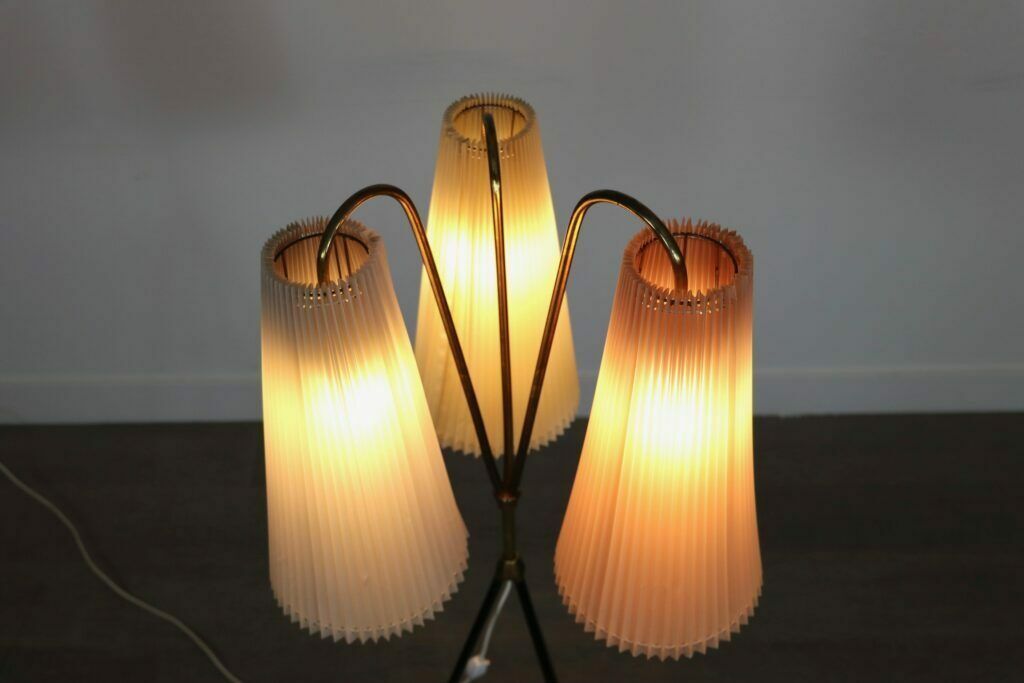 photo for sale Vintage Tripod Floor Lamp In Brass And Plisse, 1950s