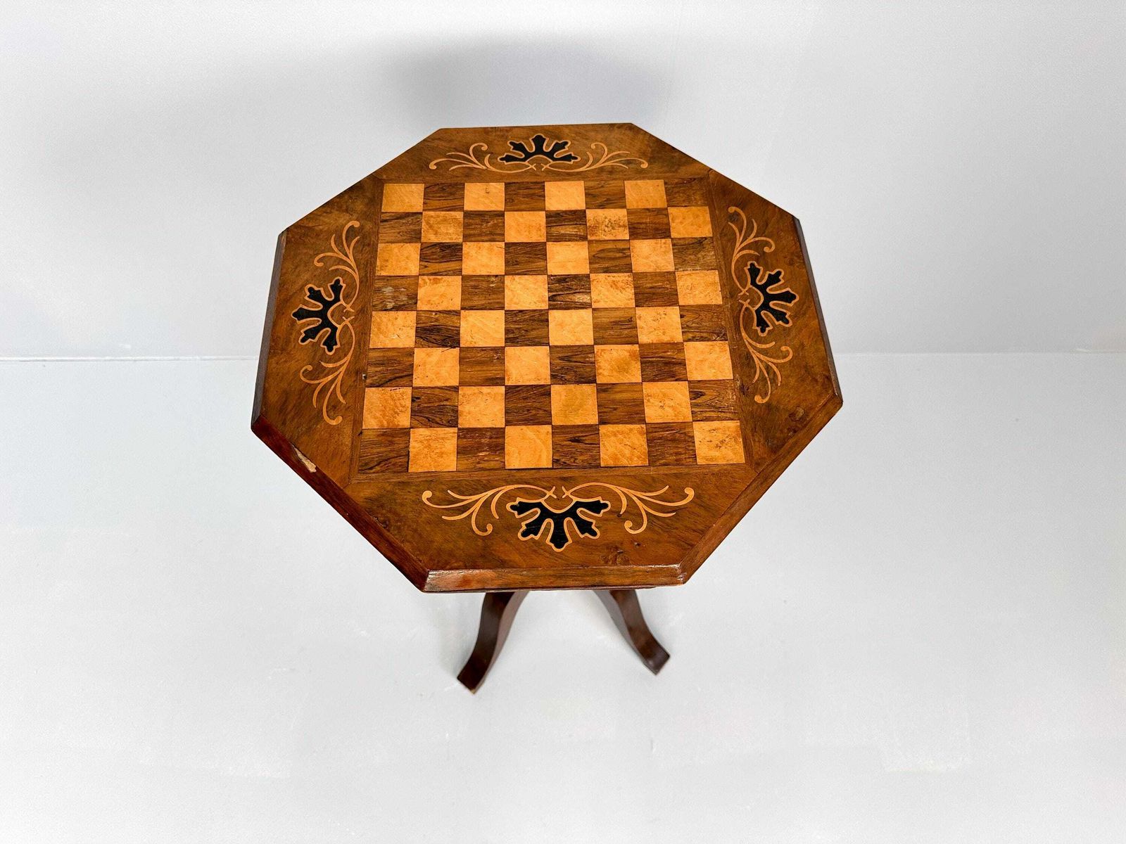 Antique Inlaid Chess Table, Trumpet Sewing Table photo for sale