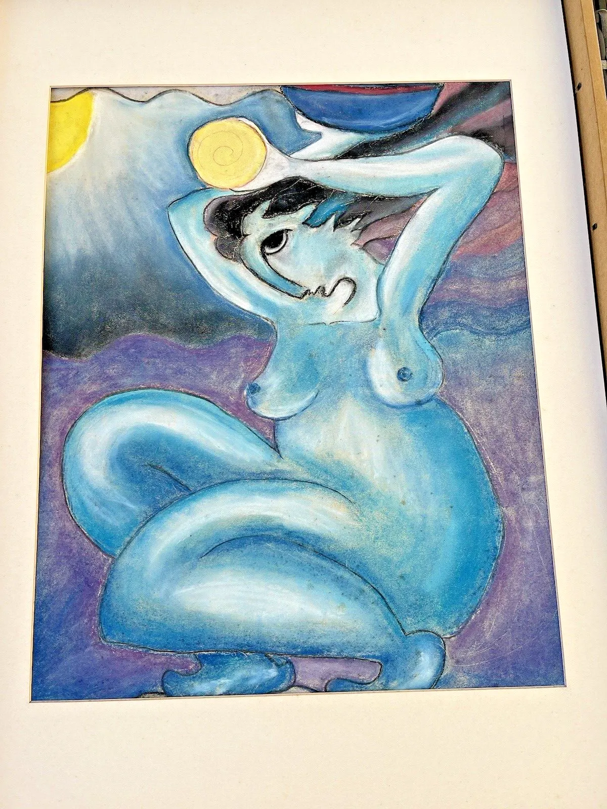 Unusual Vintage Expressionist Nude Pastel Chalk Painting Picasso Style Abstract photo furniture