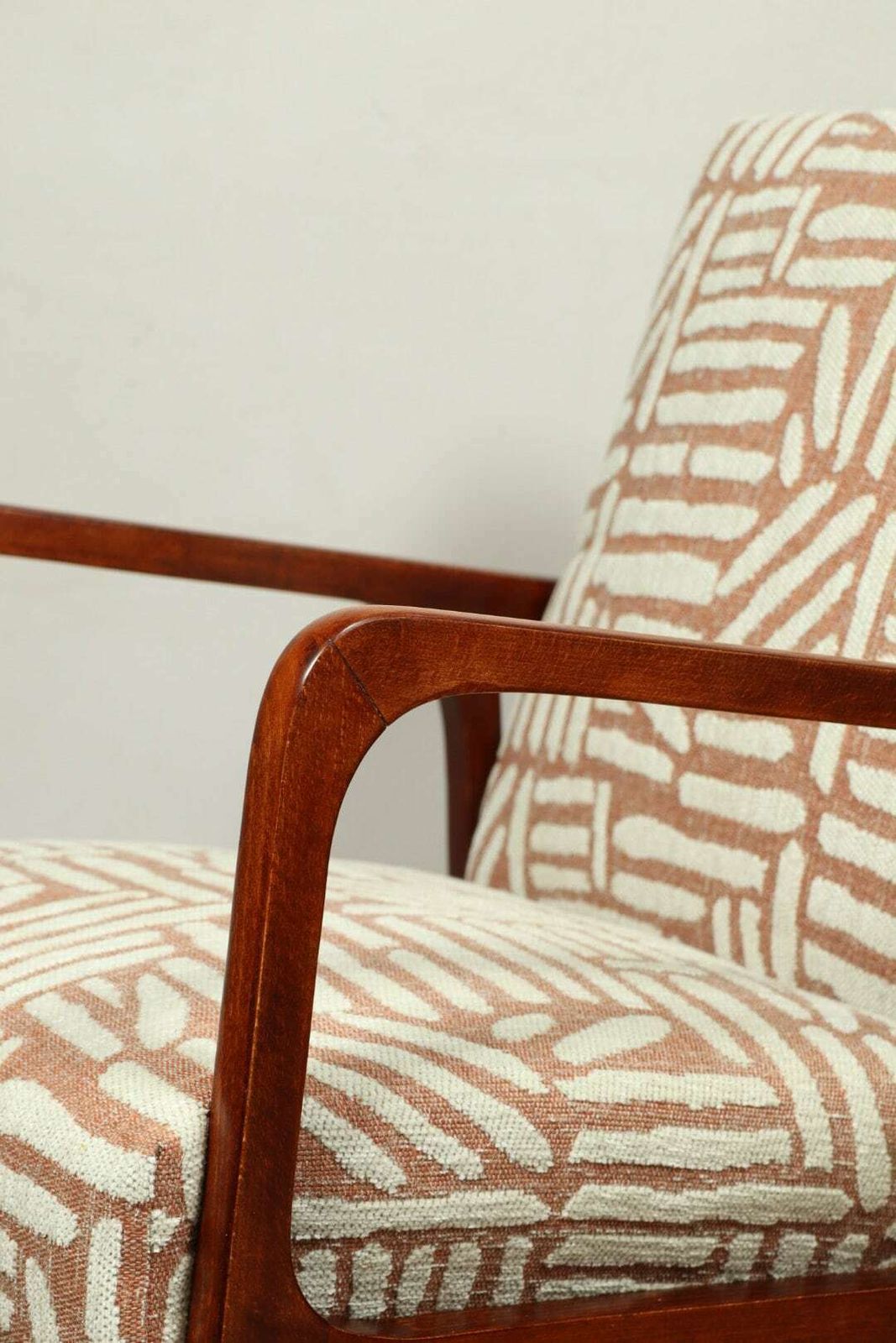 Mid Century Armchair Fabric Patterns Jacquard Upholstery Walnut Wood, Refurbished photo vintage