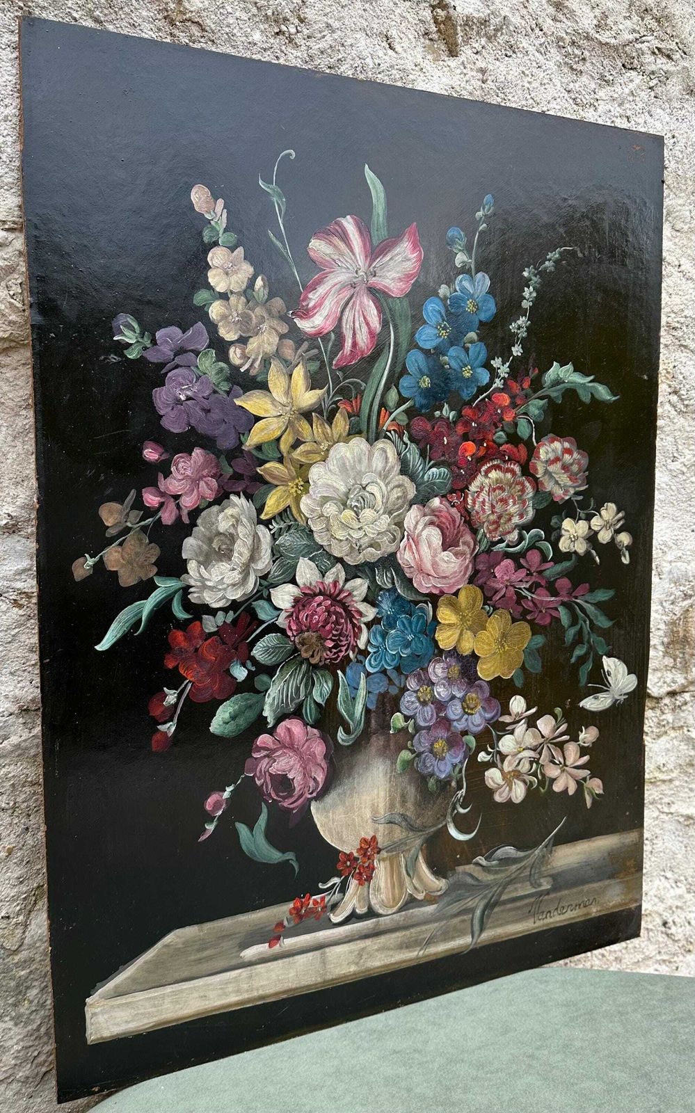 Dutch School Antique Still Life Oil Painting Flower Bouquet Black Signed Vanderman photo for sale