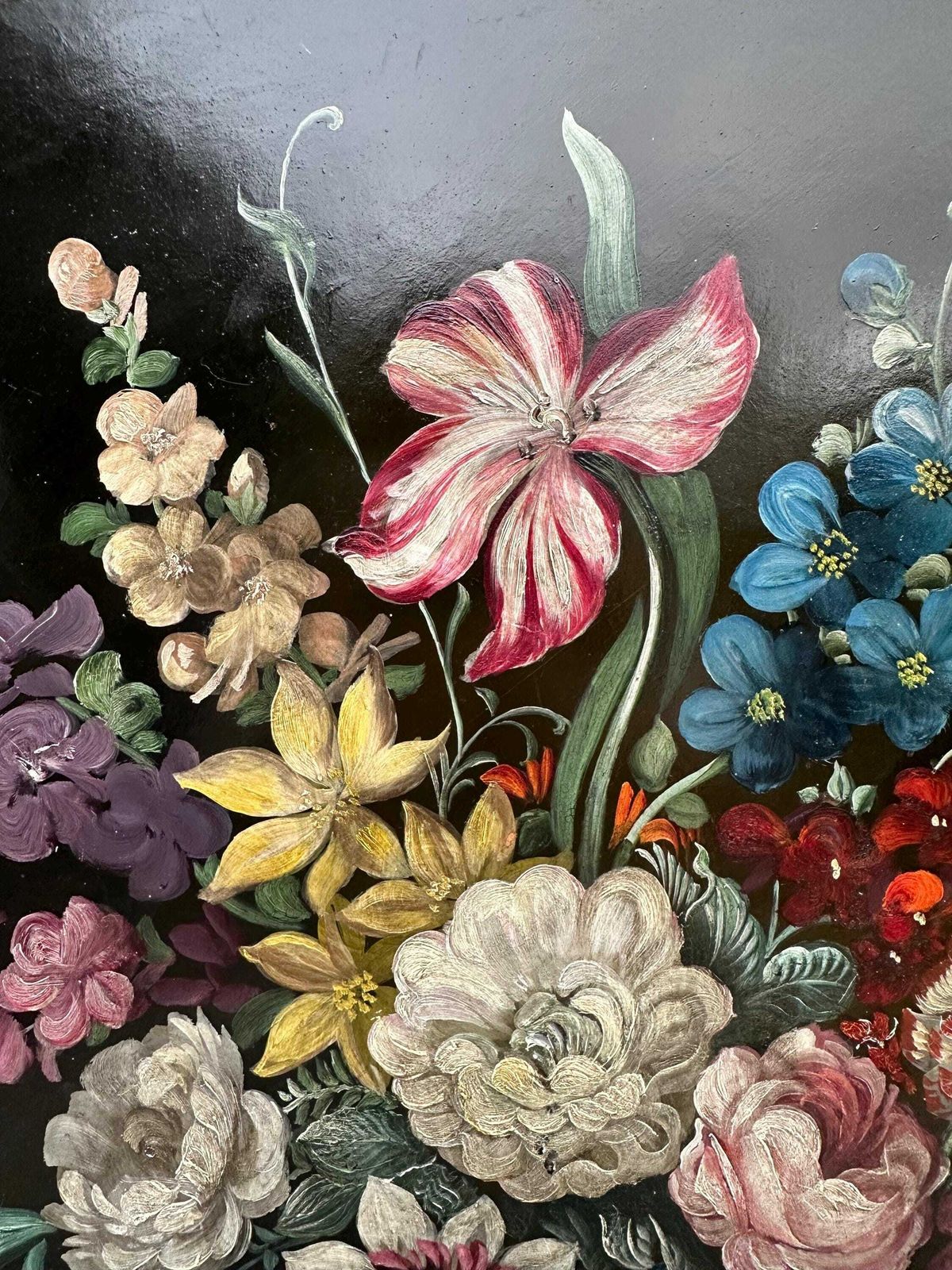 Dutch School Antique Still Life Oil Painting Flower Bouquet Black Signed Vanderman photo buy