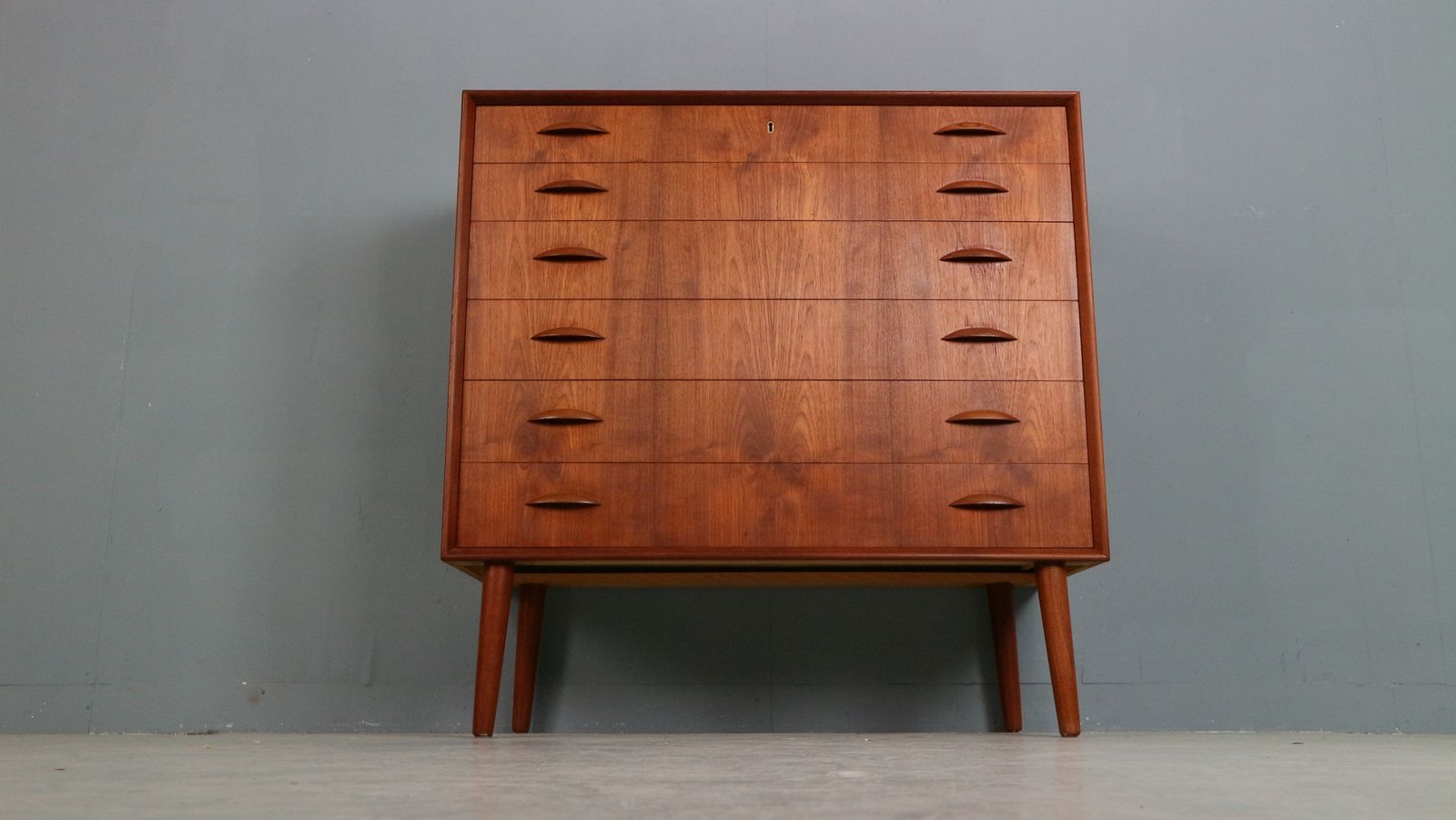 Mid Century Modern Danish Chest Of Six Drawers, Tallboy In Teak, Denmark, 1960 photo for sale