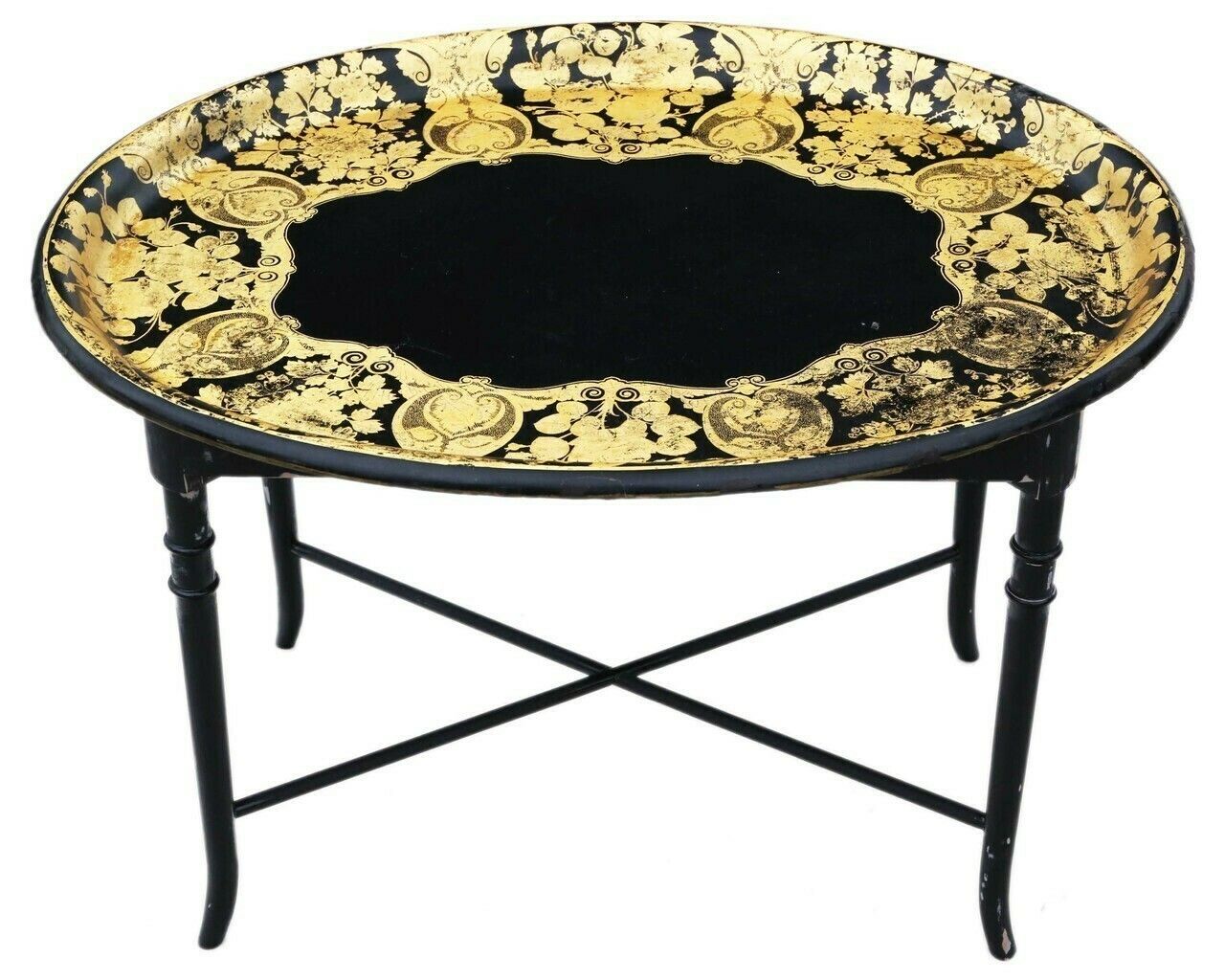 Victorian Decorated Black Lacquer Tray On Stand Coffee Table