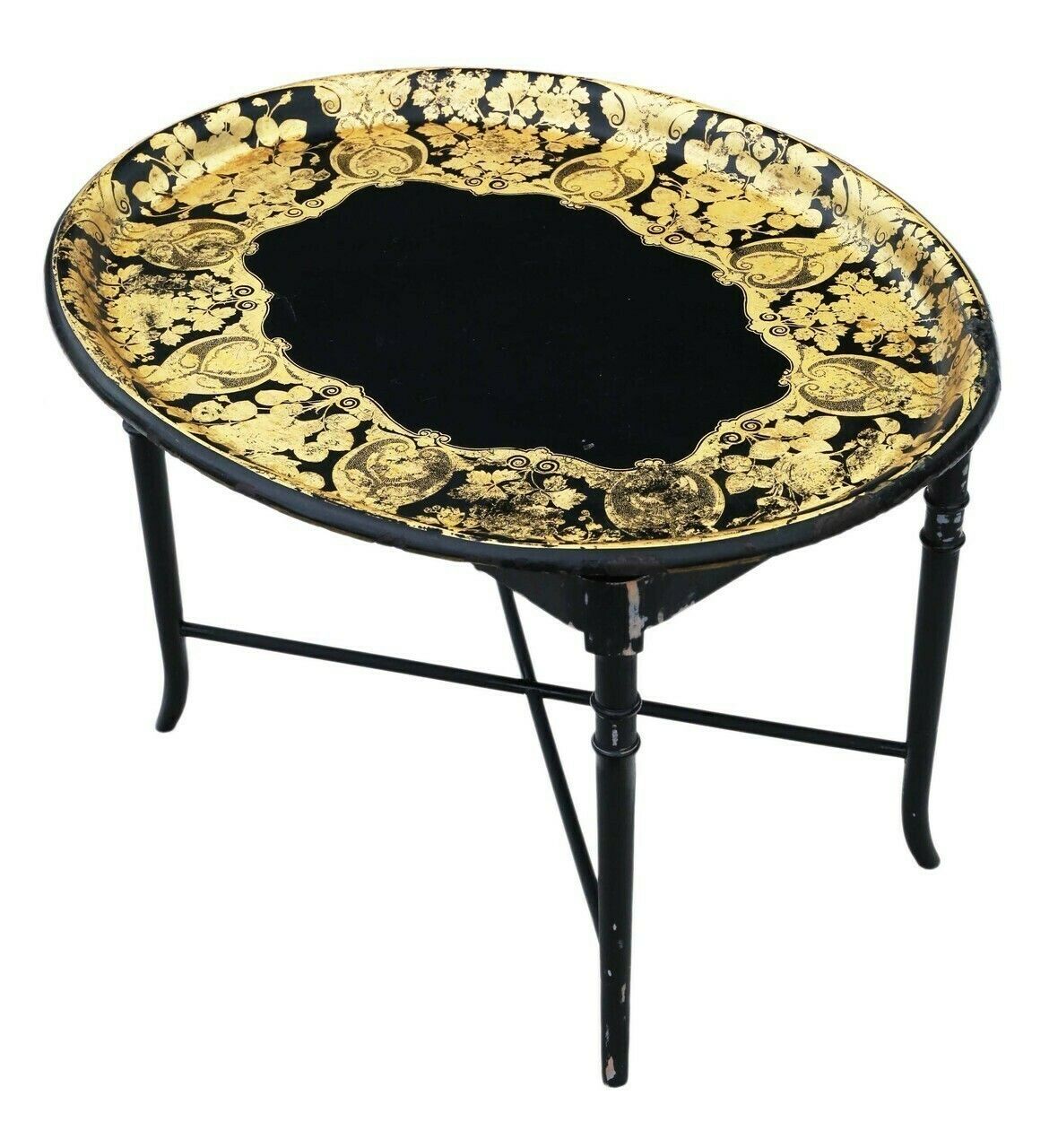 Victorian Decorated Black Lacquer Tray On Stand Coffee Table photo for sale