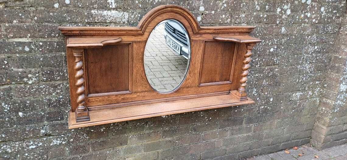 Elegant Upcycled Solid Oak Overmantel Mirror With Barley Twist Shelf And Bevelled Glass photo furniture
