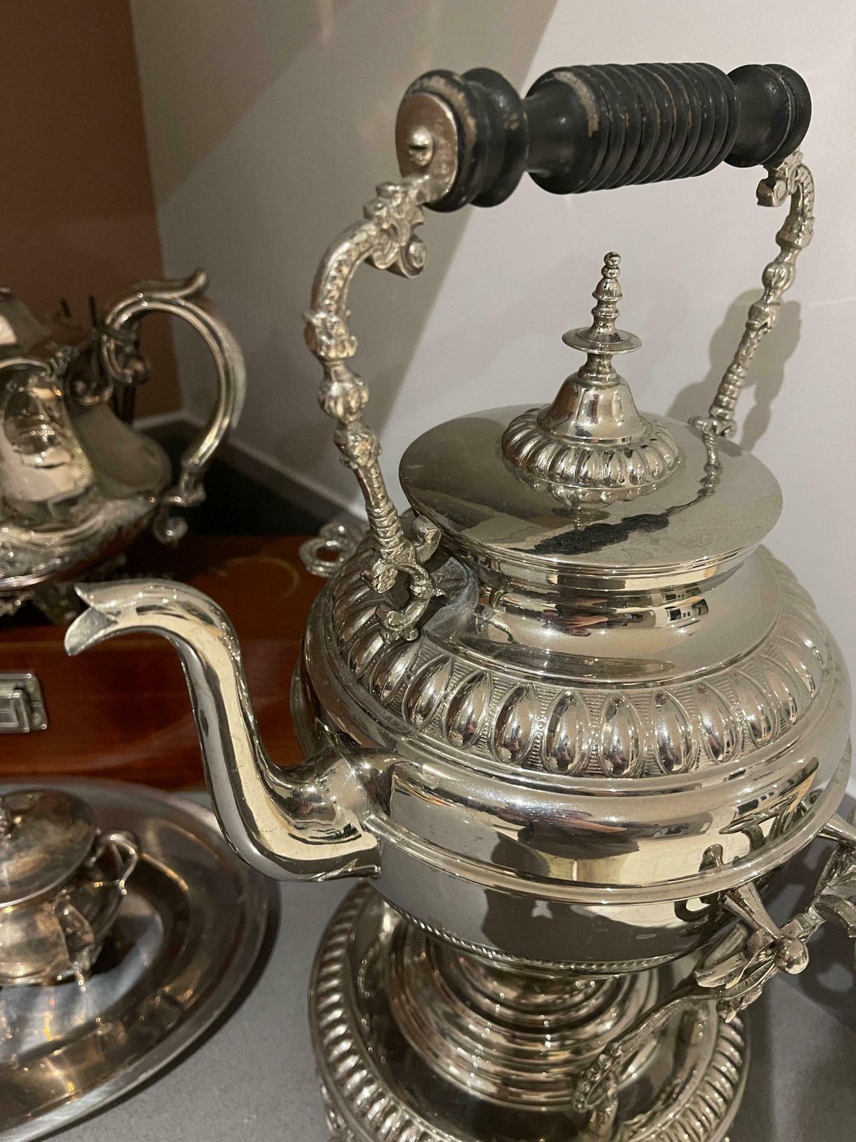 photo for sale Silver Plated Tea Set, Exclusive Antique 3 Parts Kettle Coffee Pot, Warmer Set