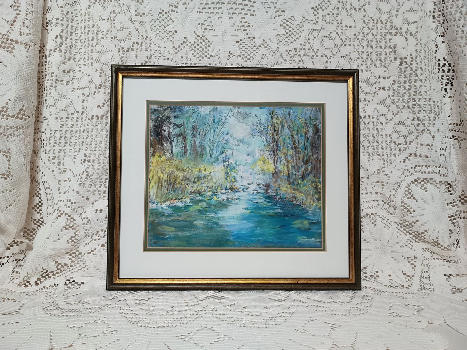 Original Pastel Painting Arizona Blue Stream In Forest Scene Artist Signed. photo furniture
