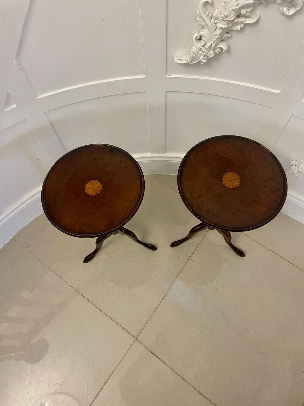 Near Pair Of Antique Early 20th Century Quality Mahogany Inlaid Side Tables photo for sale