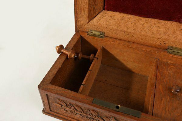 Antique French Sculptured Sewing Box In Oak, 1890s photo buy