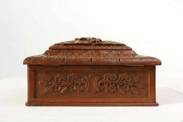 Antique French Sculptured Sewing Box In Oak, 1890s photo vintage