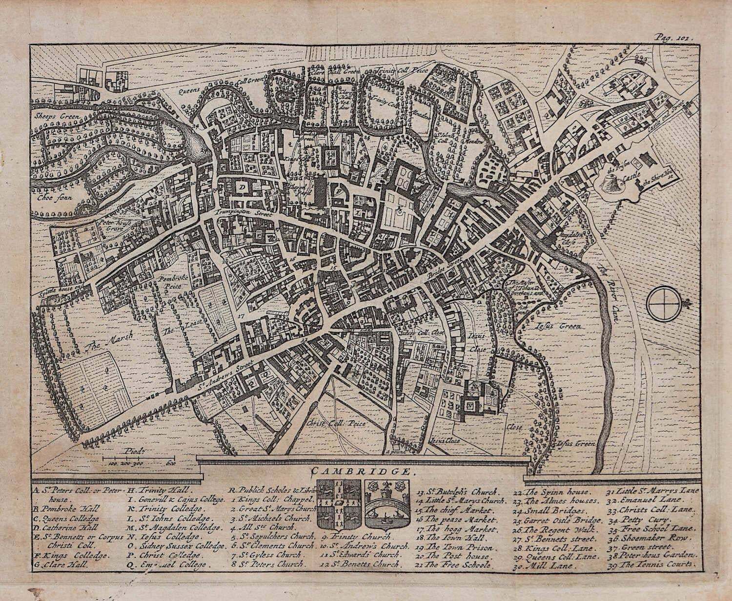 Pieter Van Der Aa, Map Of Cambridge, Engraving Pieter Van Der Aa After David Loggan 1727