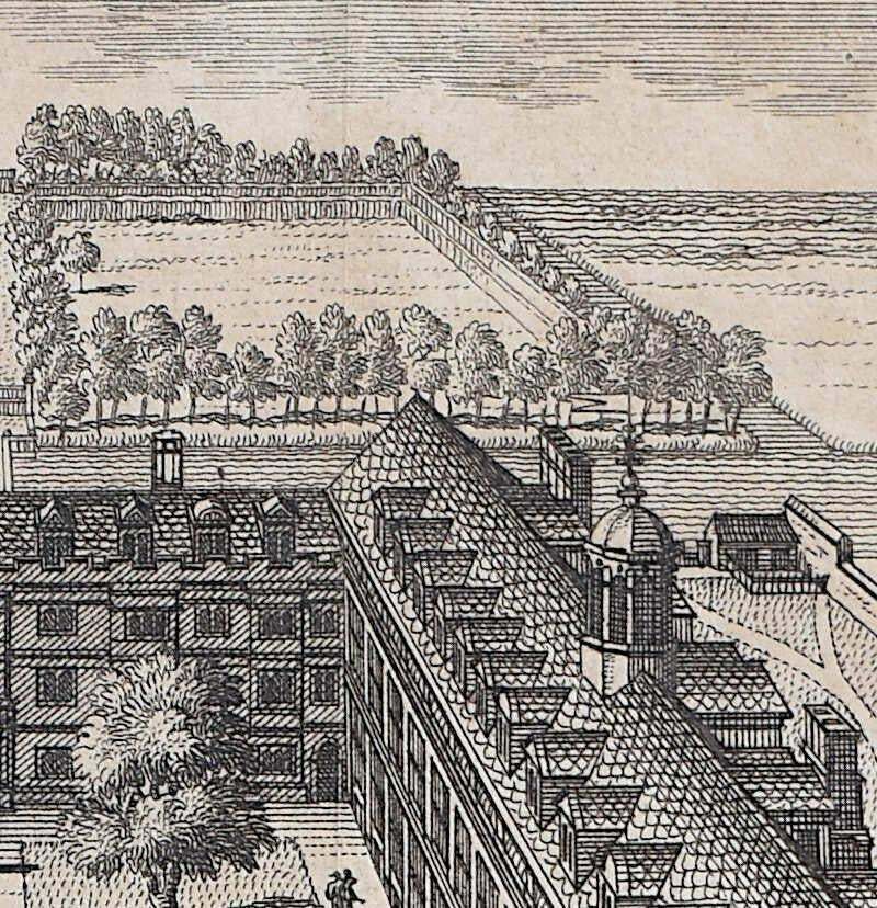 Pieter Van Der Aa, Clare College, Cambridge Engraving Pieter Van Der Aa After David Loggan 1727 photo for sale