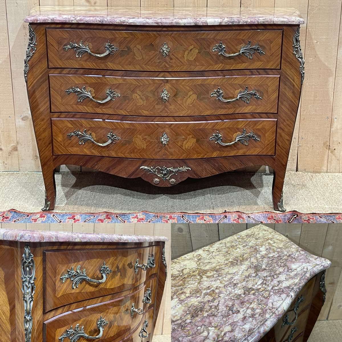 Louis XV Style Chest Of Drawers In Rosewood, Oak And Marble