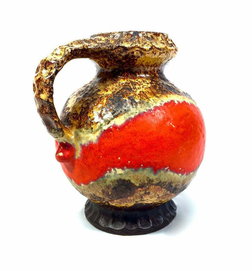 Vintage Large West German Pottery Fat Vase / Jug Red & Brown 1970's Retro photo furniture