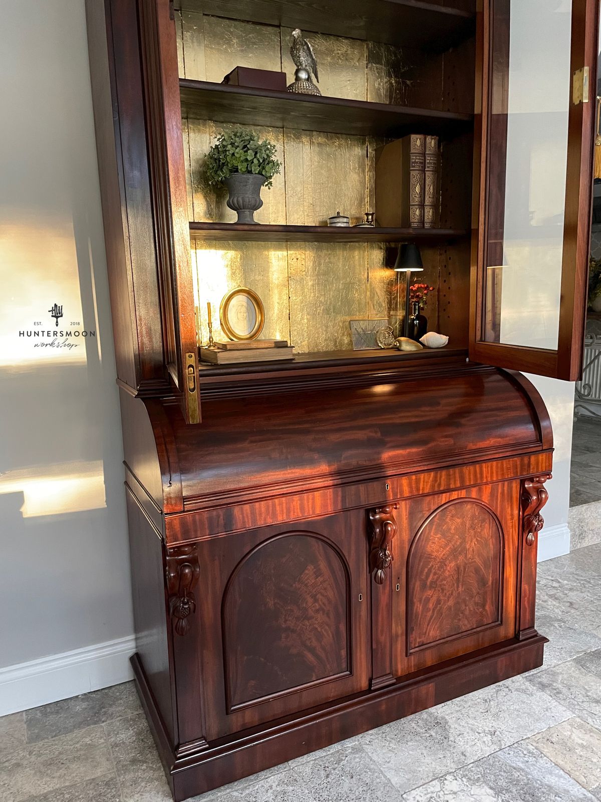Furniture Victorian Mahogany Cylinder Writing Bureau With Glazed Bookcase, Circa 1880 photo