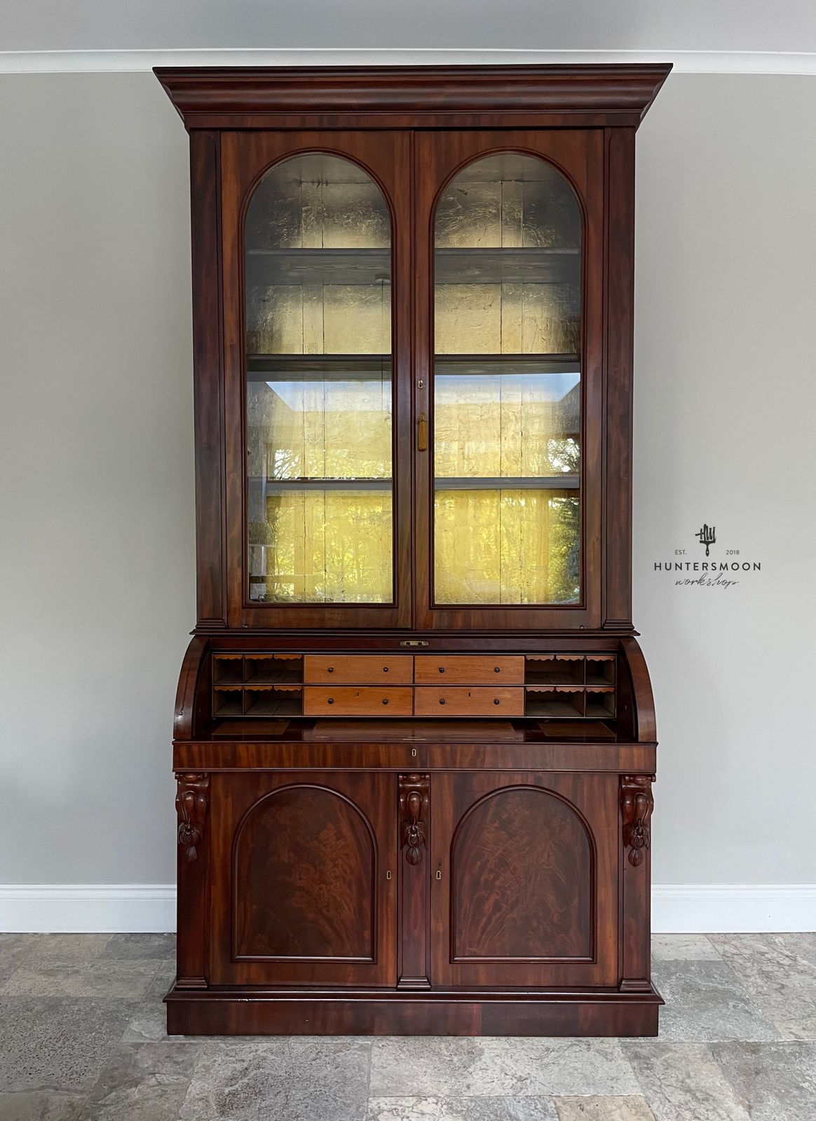 Victorian Mahogany Cylinder Writing Bureau With Glazed Bookcase, Circa 1880