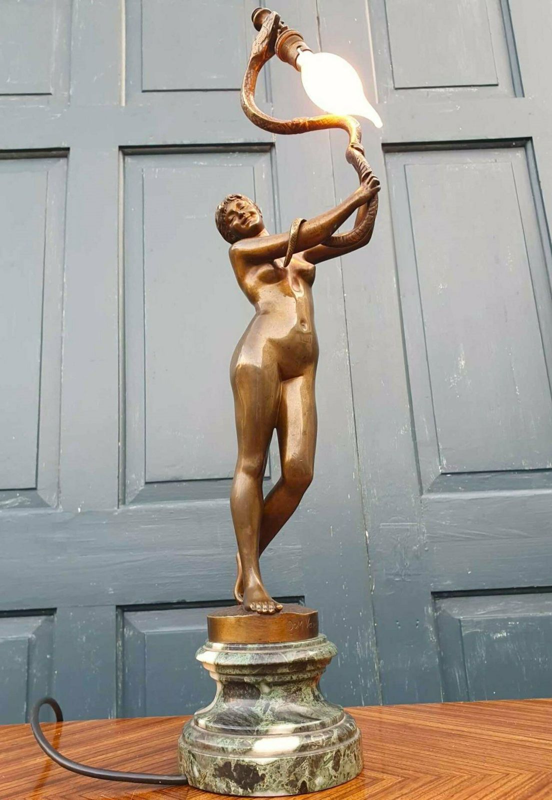 Art Nouveau Bronze Nude Snake Dancer Lamp   Dominique Van Den Bossche photo for sale