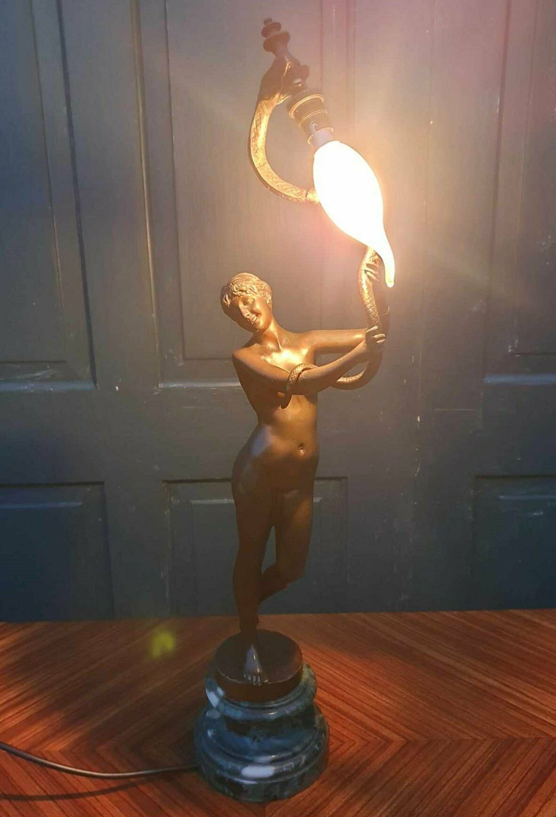 Art Nouveau Bronze Nude Snake Dancer Lamp   Dominique Van Den Bossche photo vintage