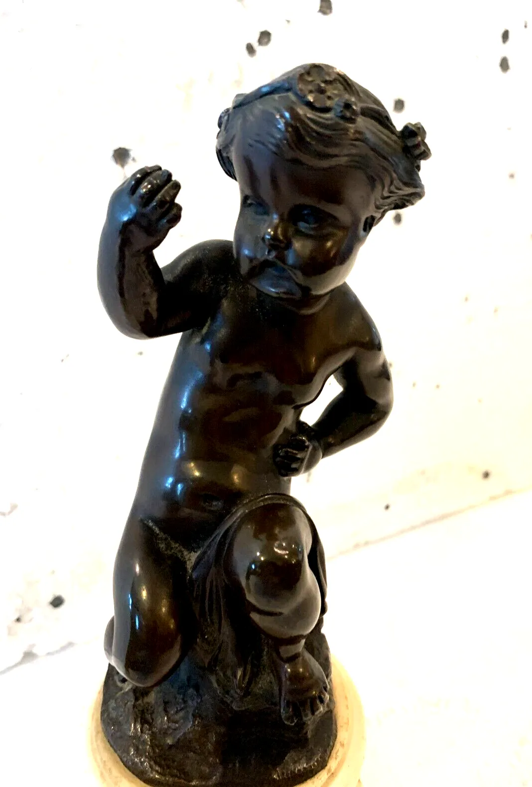 Pair Of Bronze Putti With Brown Patina On White Marble Base 20th Century photo furniture