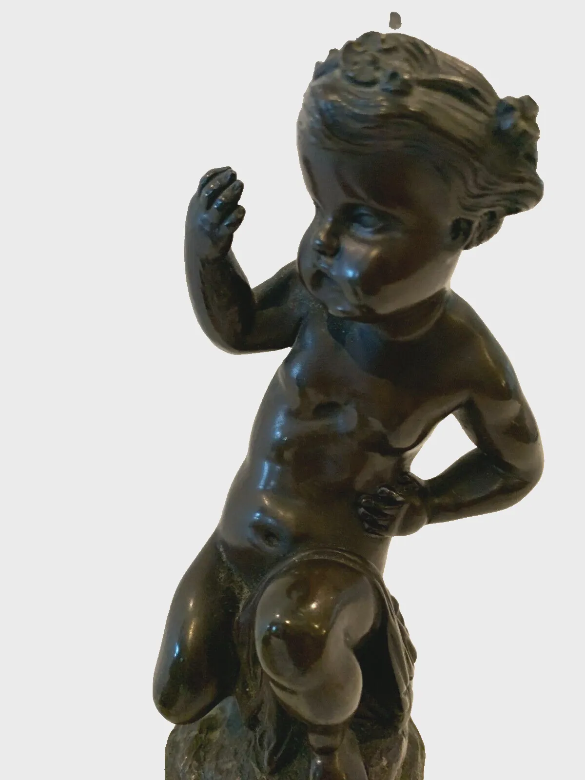 Pair Of Bronze Putti With Brown Patina On White Marble Base 20th Century photo for sale
