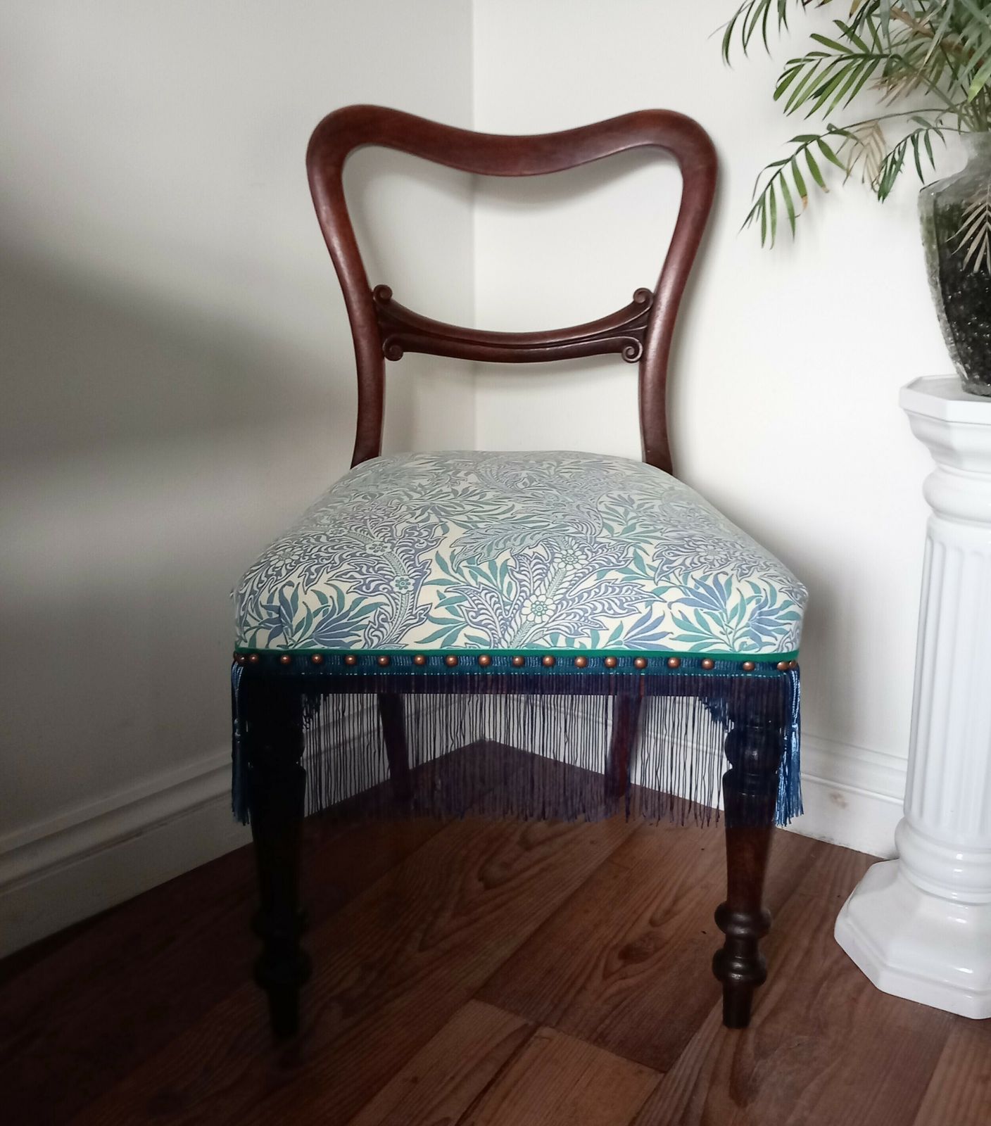 Victorian Balloon Back Chair Reupholstered With Blue Conran Habitat Medura Fabric photo furniture