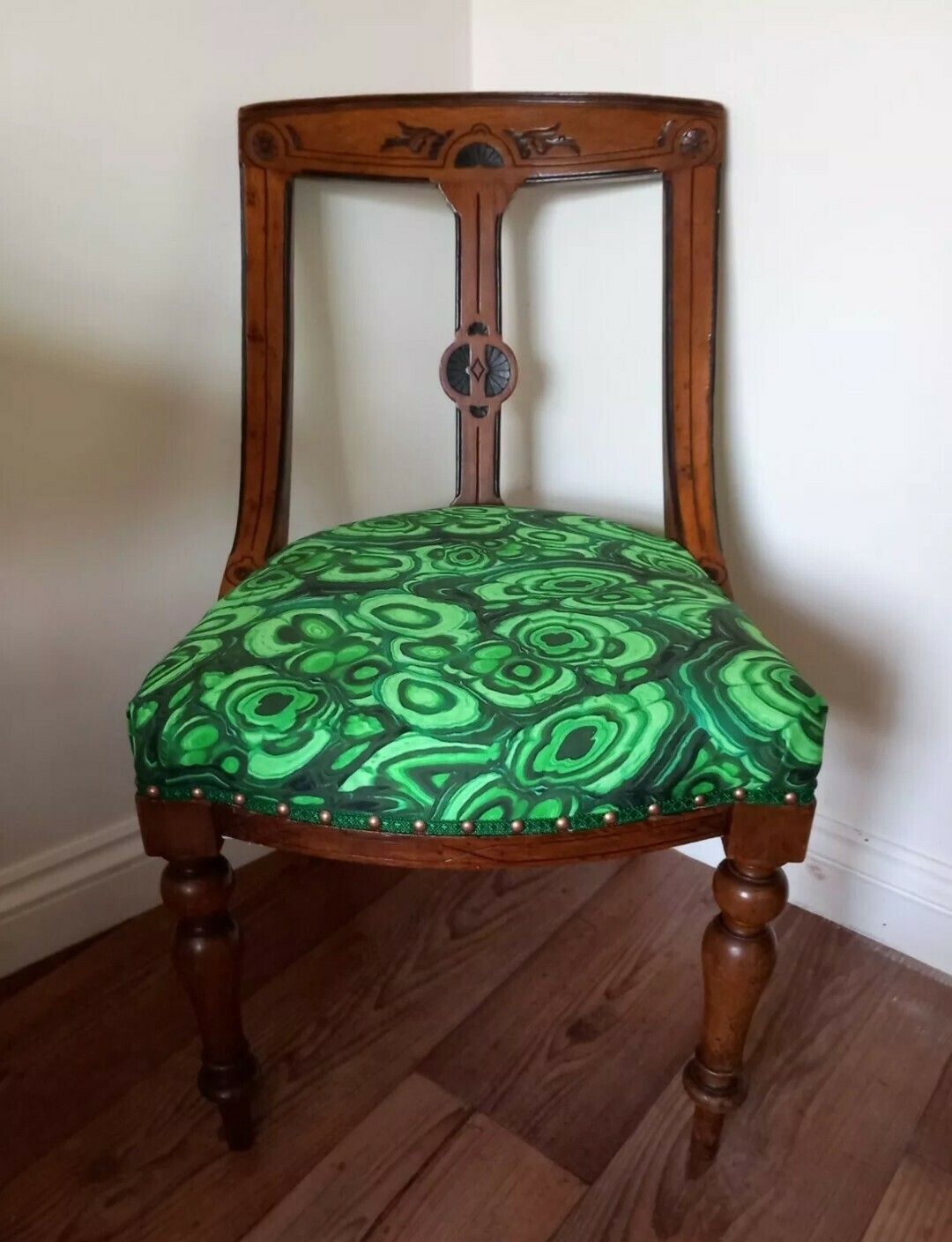 Victorian Carved Wood Chair Reupholstered With Green Malachite Print Fabric photo furniture