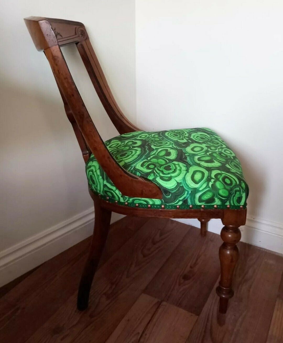 Victorian Carved Wood Chair Reupholstered With Green Malachite Print Fabric photo for sale
