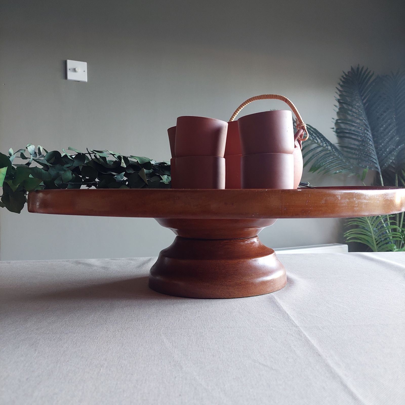 Early Mid Century Teak Lazy Susan Large Art Deco Centerpiece Revolving Serving Tray, 40s photo buy