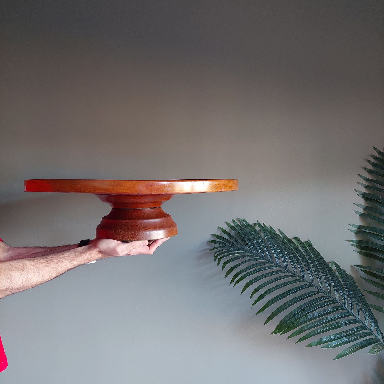 Early Mid Century Teak Lazy Susan Large Art Deco Centerpiece Revolving Serving Tray, 40s photo for sale