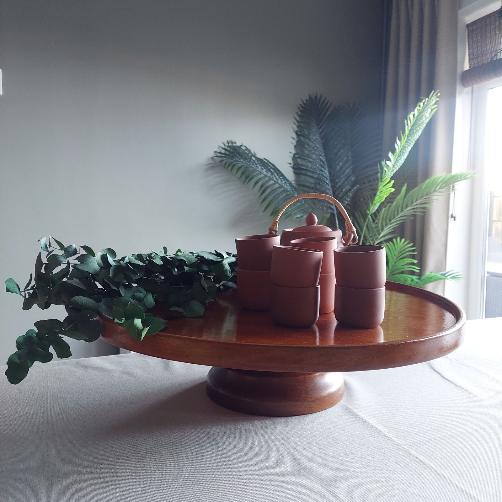 Early Mid Century Teak Lazy Susan Large Art Deco Centerpiece Revolving Serving Tray, 40s photo 395.0