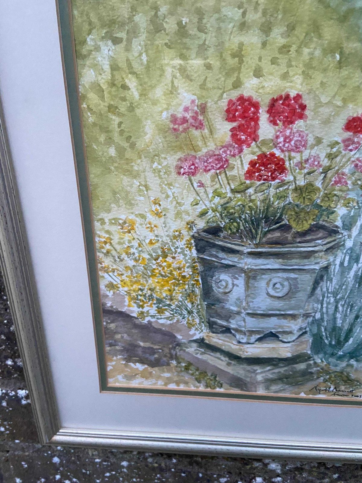 Geraniums In Urn An Original Watercolour By Nigel Fox Bassett 2003; Professionally Mounted And Framed. photo vintage