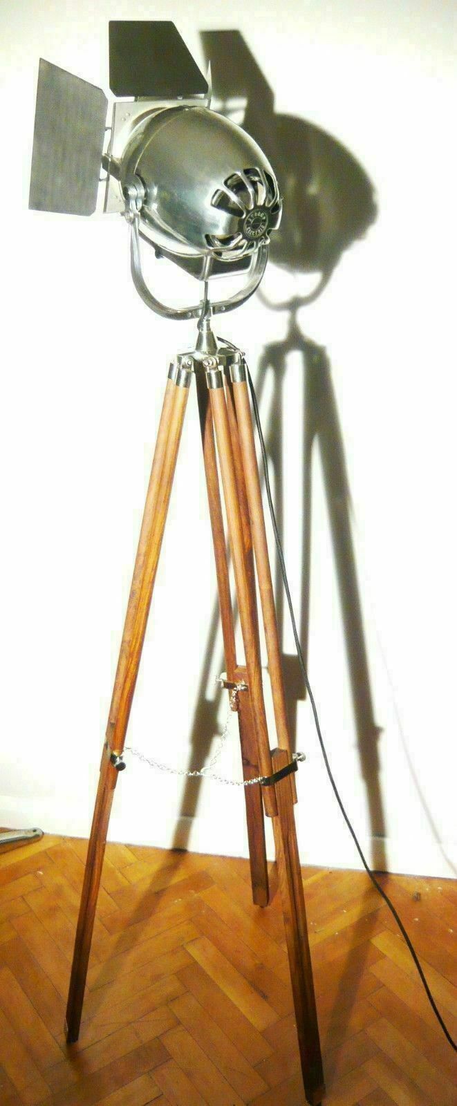 Vintage British Strand Patt 123 Industrial Theatre Spot Lamp Art Deco Film Floor Light Wood Movie Lantern Tripod 50's Cinema Mid Century Eames photo vintage