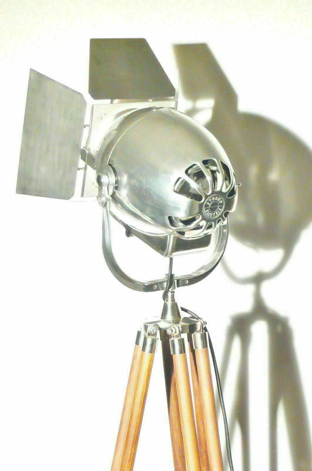 photo for sale Vintage British Strand Patt 123 Industrial Theatre Spot Lamp Art Deco Film Floor Light Wood Movie Lantern Tripod 50's Cinema Mid Century Eames