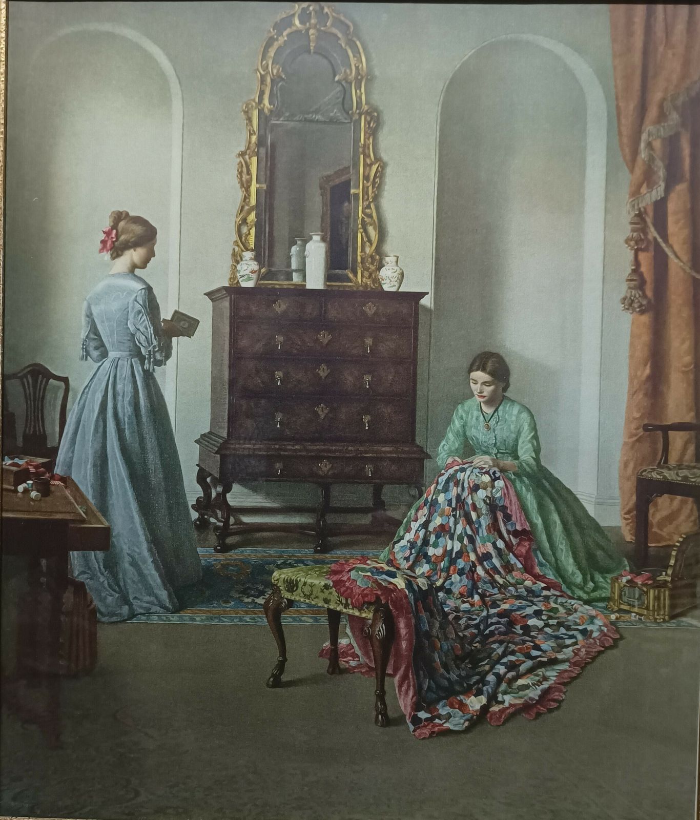 Large Mid Century Art Print The Patchwork Quilt After Leonard Campbell Taylor Framed. photo vinterior
