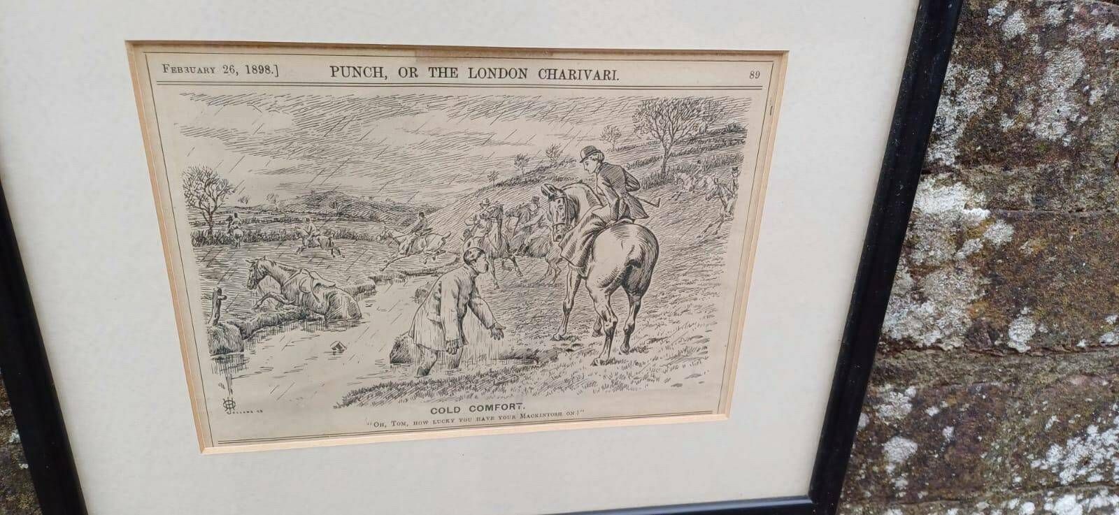 Wonderful Framed Antique Punch Fox Hunting Cartoon Fox Hunting ‘Cold Comfort’ Man Falling Off His Horse.C1898