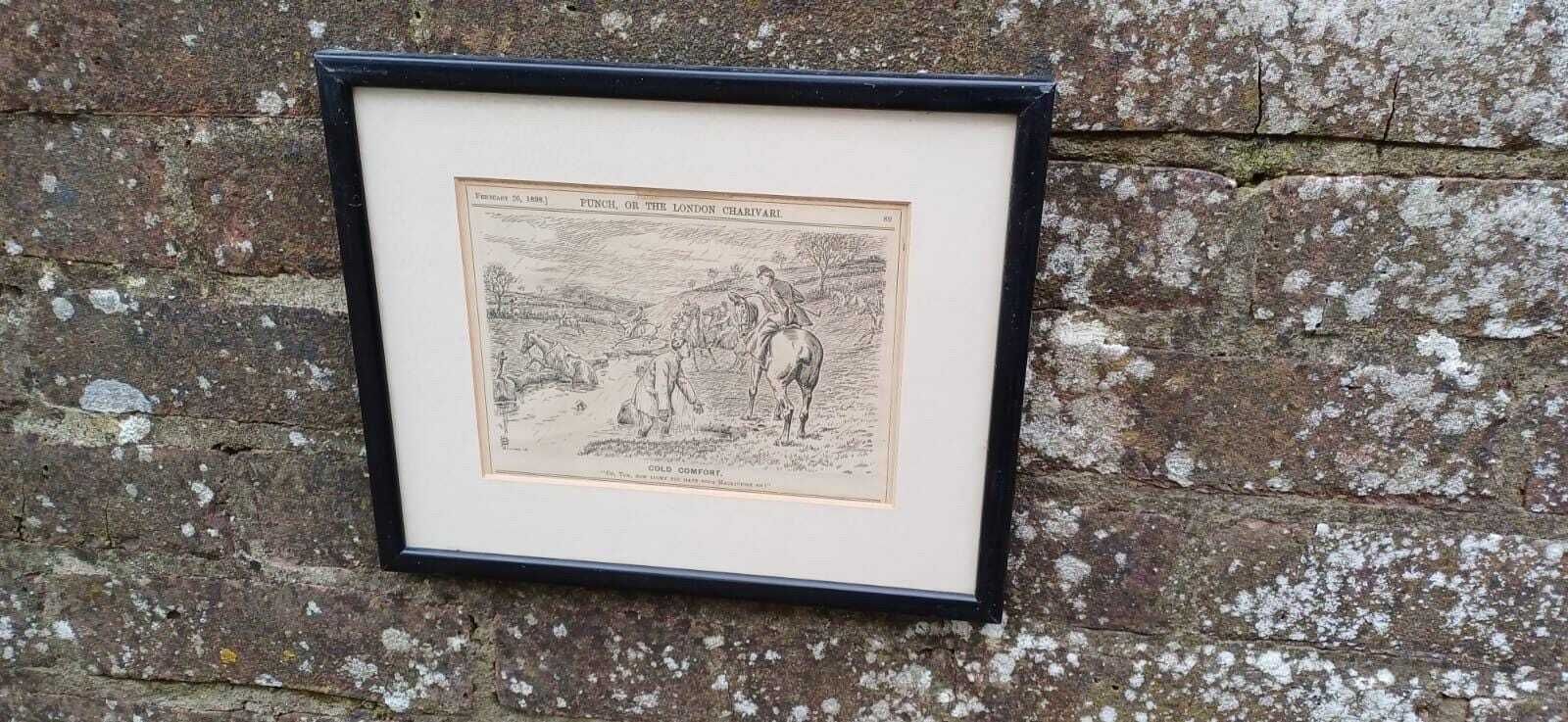 Wonderful Framed Antique Punch Fox Hunting Cartoon Fox Hunting ‘Cold Comfort’ Man Falling Off His Horse.C1898 photo for sale
