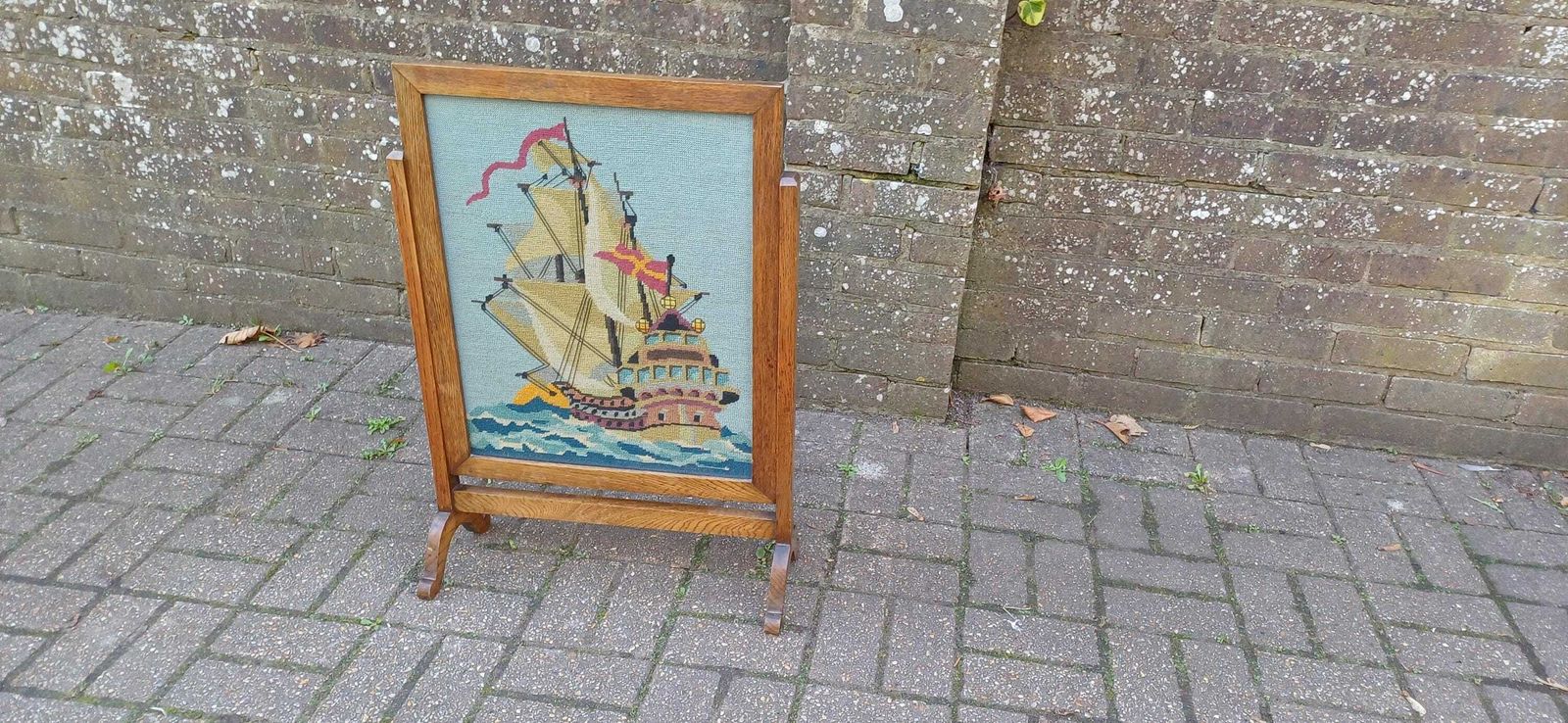 Classic Vintage Oak Fire Screen With Galleon Tapestry And Glazed Panel