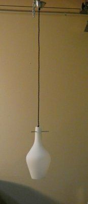 Mid Century Pendant Lamp In Opaline Glass And Iron, Italy, 1950s photo for sale