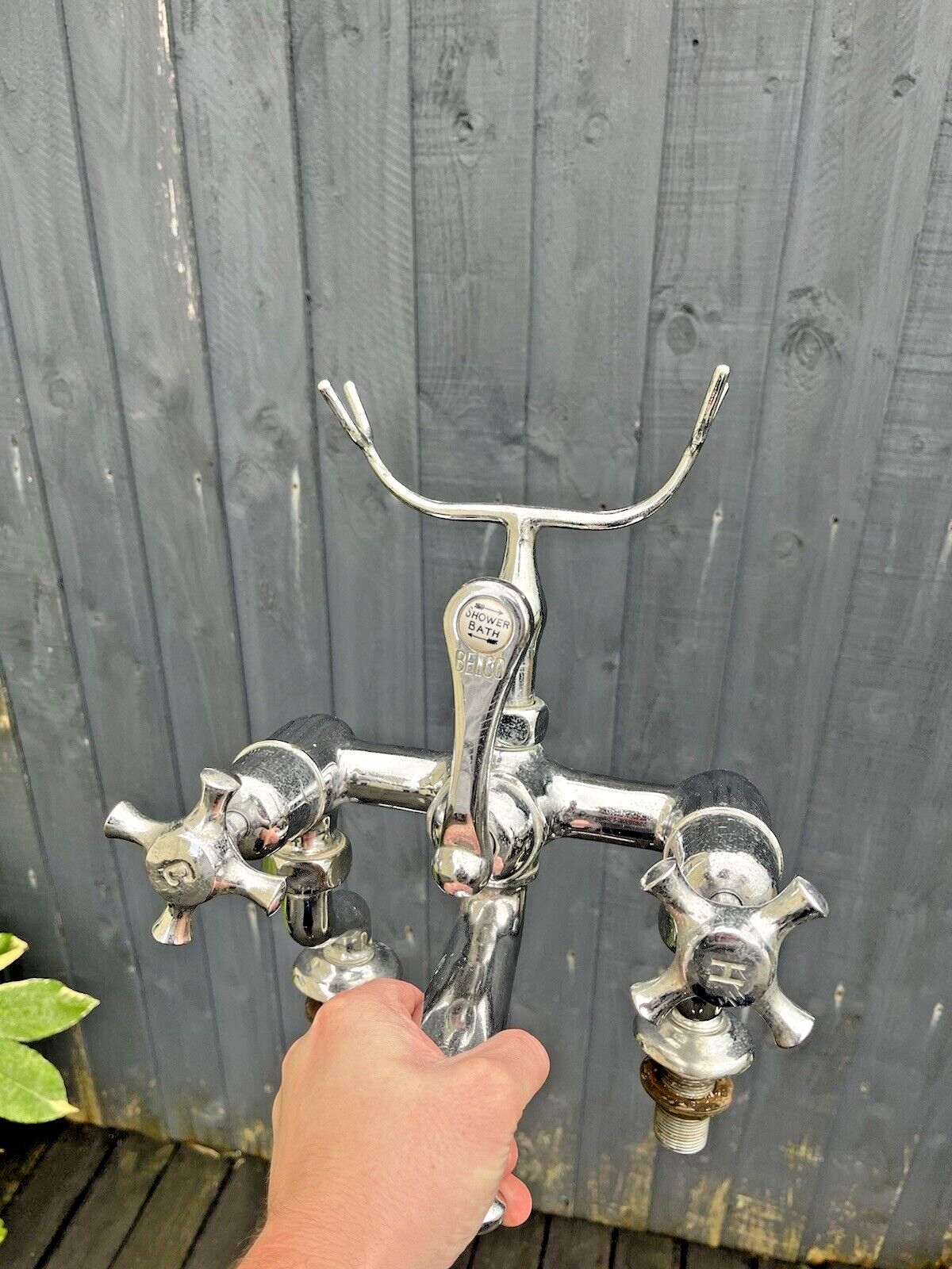 Home Decor Rare Antique Belco Bath Shower Arm Hot & Cold Twin Mixer Dual Cross Handle Taps photo