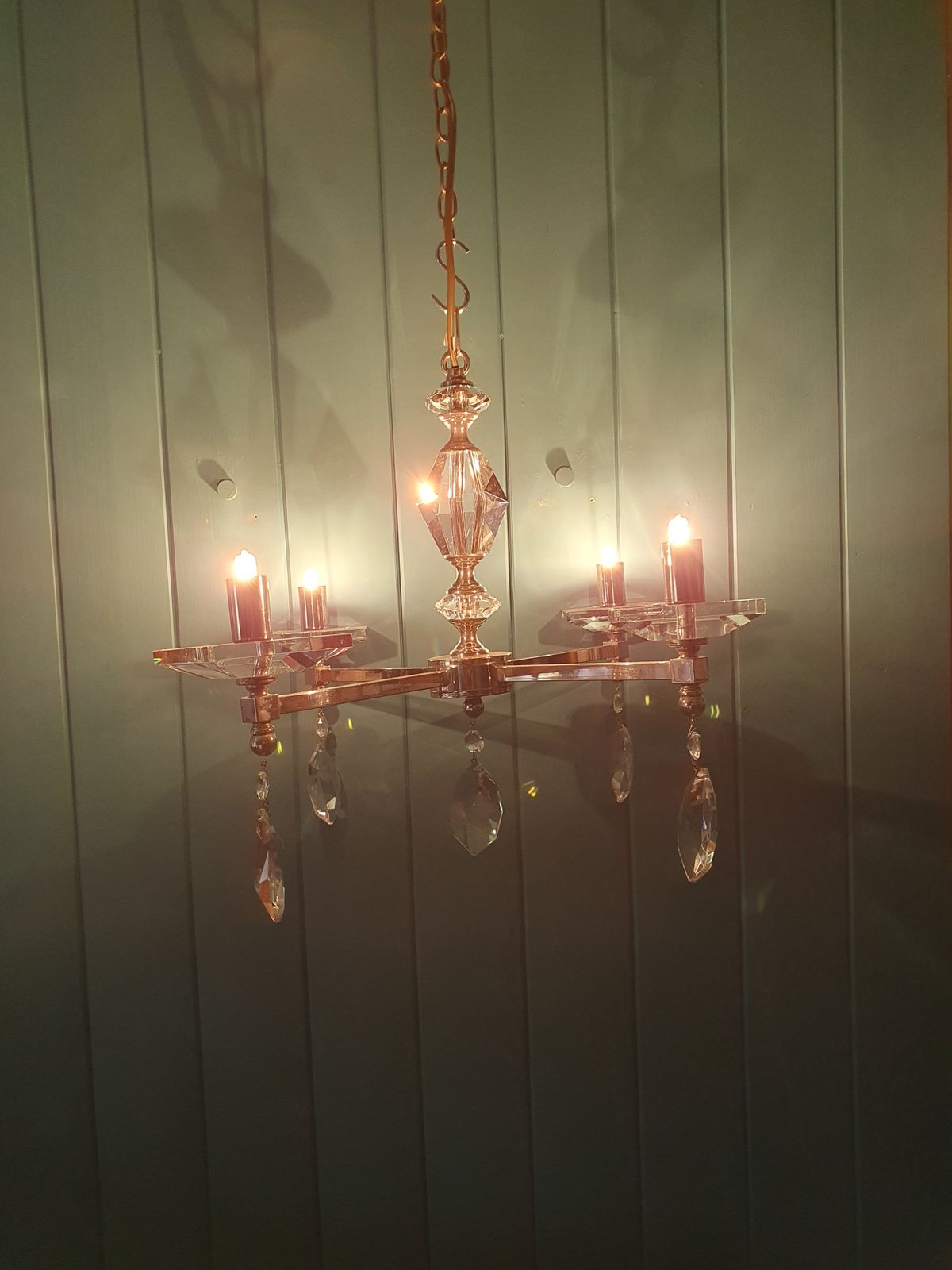Mid 20th Century Chrome And Cut Glass Chandelier 21" photo furniture
