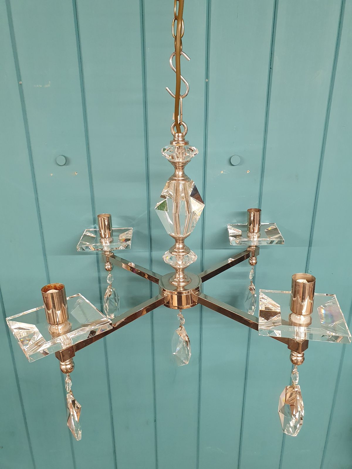 Mid 20th Century Chrome And Cut Glass Chandelier 21" photo vinterior