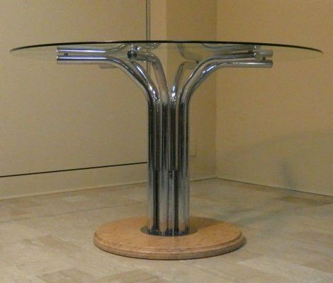 photo for sale Chromed Steel Dining Table With Marble Base And Tempered Glass Top Attributed To Giotto Stoppino, Italy, 1970s