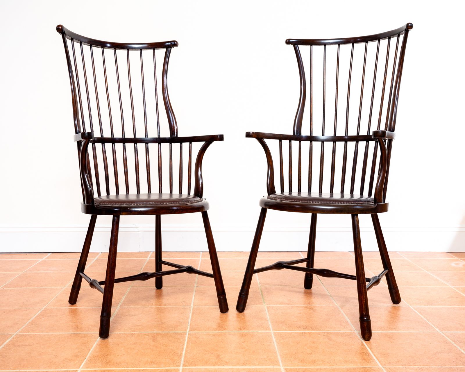 Pair Of Liberty Windsor Chairs Arts And Crafts Shawl Back Fan Back A.Ntique Art Nouveau Aesthetic Movement 1900s Leather Armchairs Country House