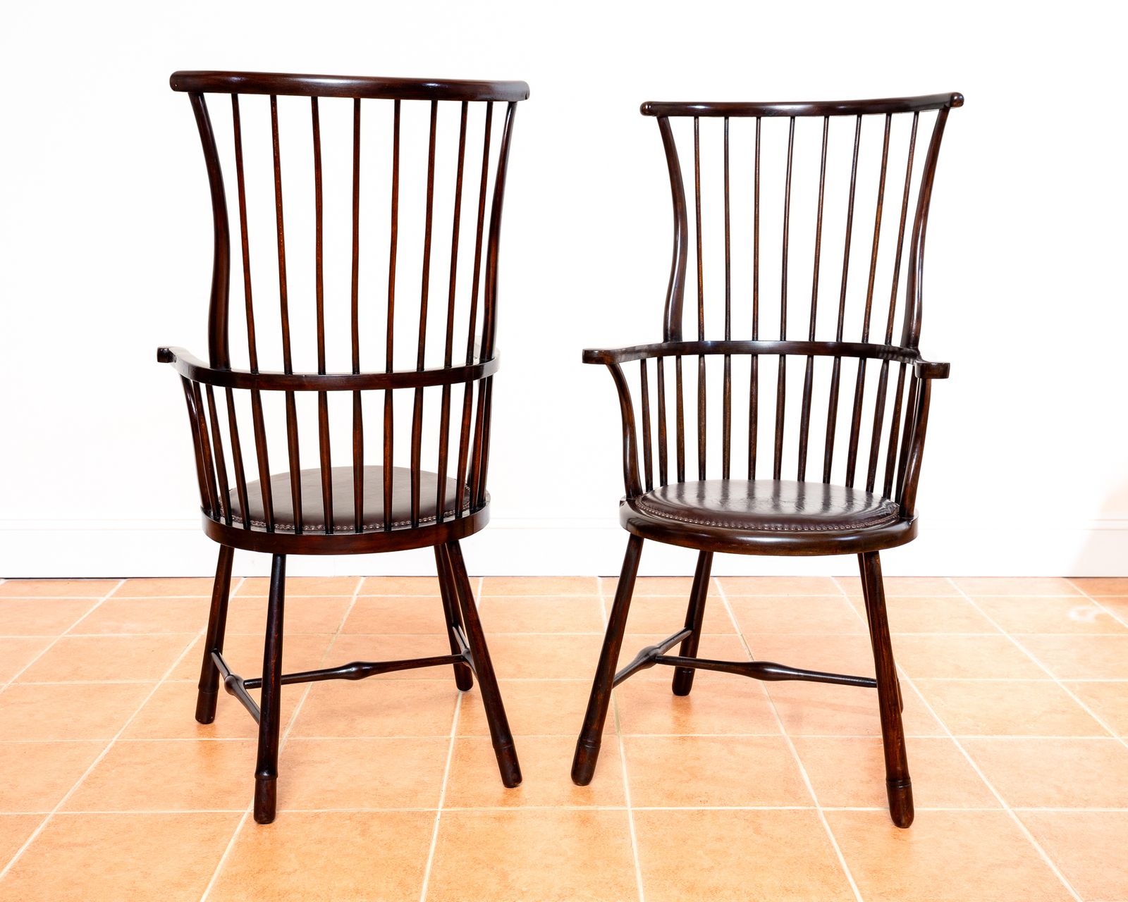 Pair Of Liberty Windsor Chairs Arts And Crafts Shawl Back Fan Back A.Ntique Art Nouveau Aesthetic Movement 1900s Leather Armchairs Country House photo for sale